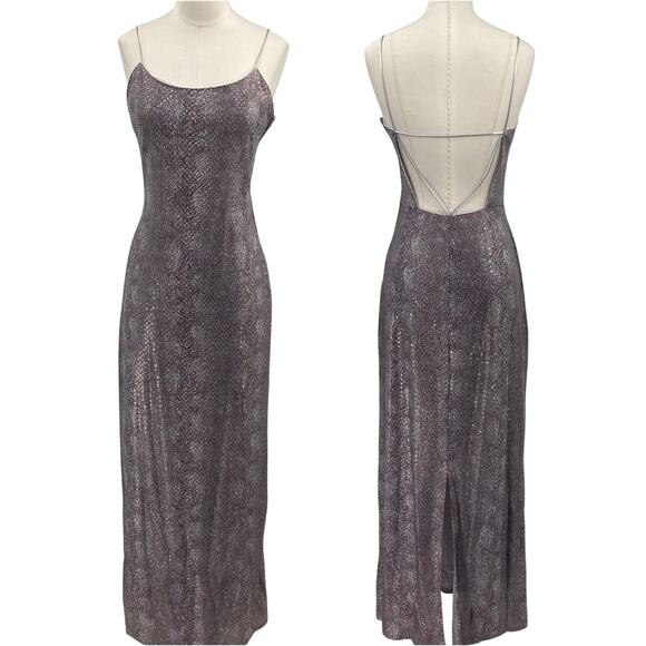 Vintage 90s Snakeskin Pattern Sequin Column Gown Strappy Open Back Purple XS - Picture 1 of 7